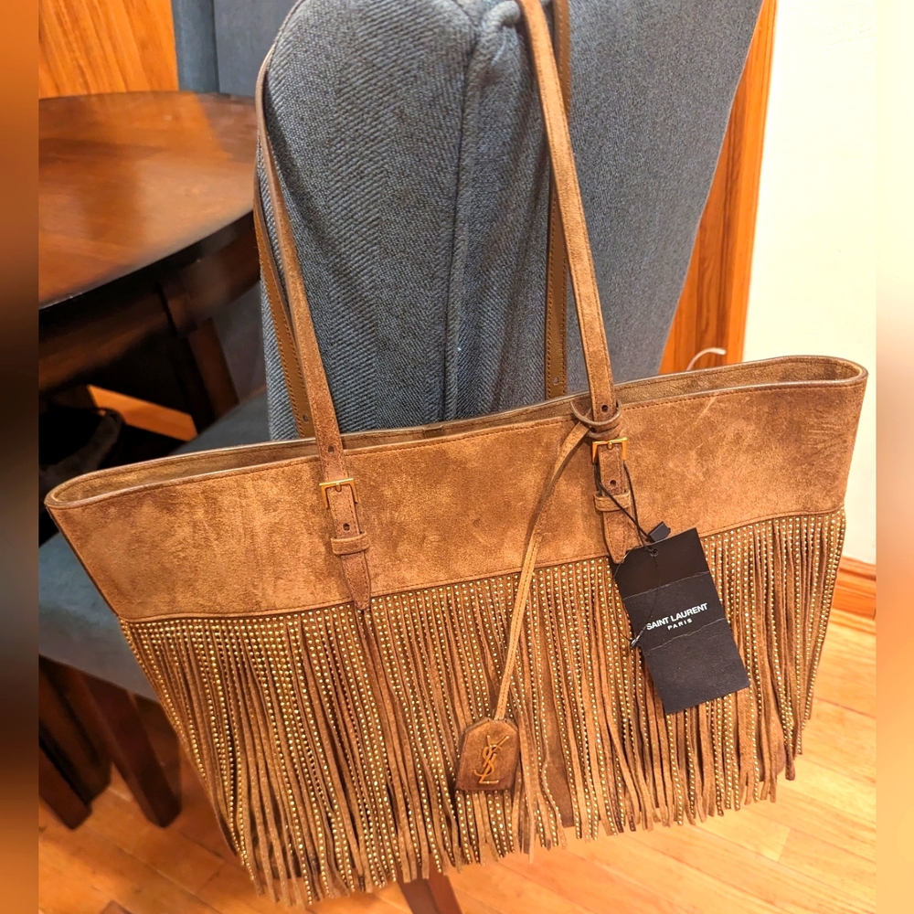 Saint Laurent Suede Boucle Gold Studded Fringe Tote Bag - Medium